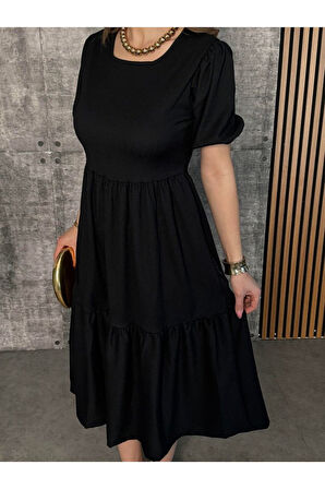 Kadın Kısa Kollu Yakası Açık Katlı Bürümcük Balon Elbise