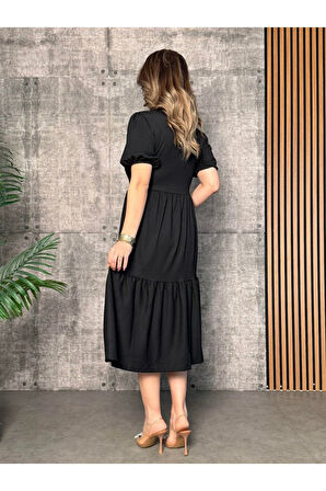 Kadın Kısa Kollu Yakası Açık Katlı Bürümcük Balon Elbise