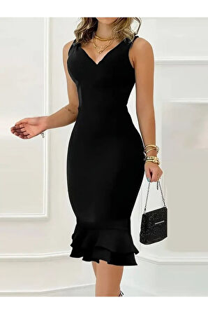 Kadın Askılı V Yaka Arkadan Fermuarlı Dalgıç Elbise