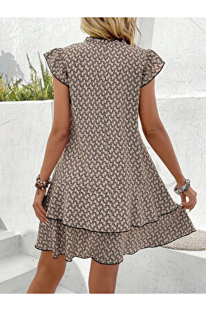 Kadın Kısa Kollu Yaka Kol Etek Ucu Fırfır Detaylı Desenli Süprem Kısa Elbise