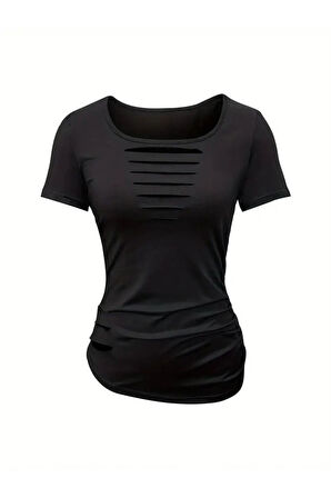 Kadın Kısa Kollu Yakası Açık Lazer Kesik Detaylı Viskon Bluz