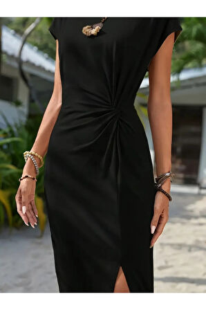 Kadın Kısa Kollu Bisiklet Yaka Yandan Yırtmaçlı Viskon Midi Elbise
