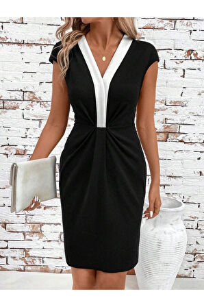 Kadın Kısa Kollu V Yakalı önden Pile Detaylı Ithal Krep Elbise