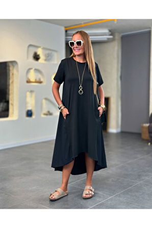 Kadın Kısa Kollu Bisiklet Yaka Asimetrik Kesim ön Viskon Arkası Trikoton Elbise