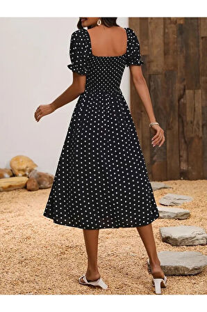 Kadın Kısa Kollu Geometrik Yaka Yırtmaçlı Puantiyeli Midi örme Krep Elbise