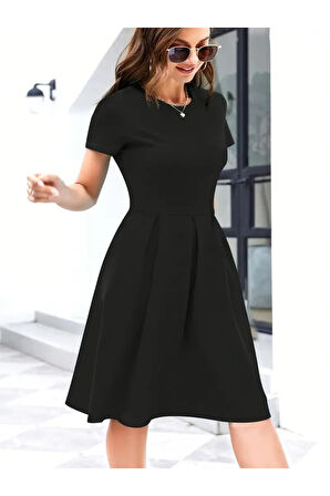 Kadın Kısa Kollu Bisiklet Yaka önden Pile Detaylı Janjan Krep Elbise