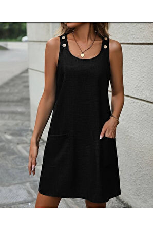 Kadın Askılı Omuzlardan Düğmeli Yuvarlak Yaka Cepli Keten Elbise