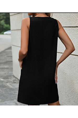 Kadın Askılı Omuzlardan Düğmeli Yuvarlak Yaka Cepli Keten Elbise