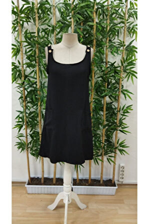 Kadın Askılı Omuzlardan Düğmeli Yuvarlak Yaka Cepli Keten Elbise