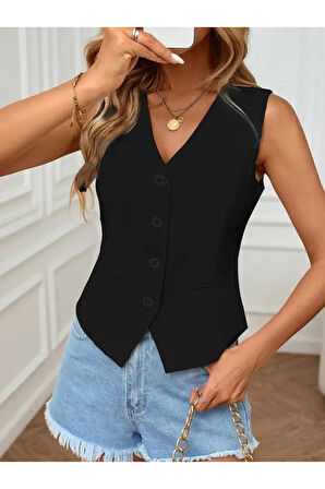 Kadın Sıfır Kol V Yakalı önden Düğmeli Atlas Yelek