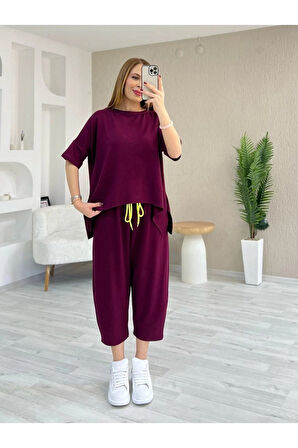 Kadın Kısa Kollu Bisiklet Yaka Viskon Iki Iplik Bluz Ve Pantolon Ikili Takım