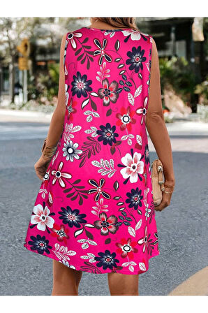 Kadın Askılı Yuvarlak Yaka Desenli A Kesim Süprem Elbise