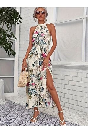 Kadın Omuzlardan Açık Halter Yakalı Yırtmaçlı çiçek Desenli Süprem Elbise