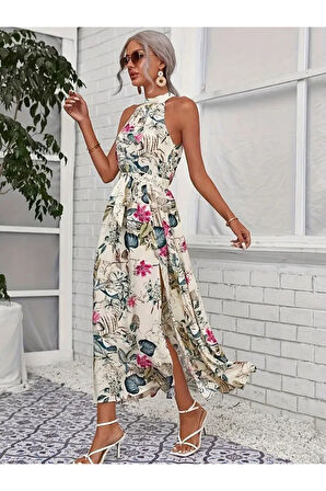 Kadın Omuzlardan Açık Halter Yakalı Yırtmaçlı çiçek Desenli Süprem Elbise