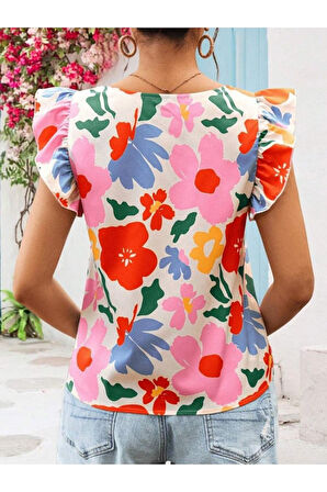 Kadın Kısa Fırfır Kollu Kare Yaka çiçek Desenli Ithal Keten Bluz