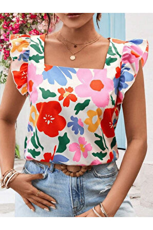 Kadın Kısa Fırfır Kollu Kare Yaka çiçek Desenli Ithal Keten Bluz