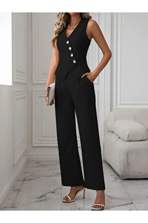 Kadın Sıfır Kollu çapraz V Yakalı önden Düğmeli Atlas Yelek Ve Pantolon Ikili Takım