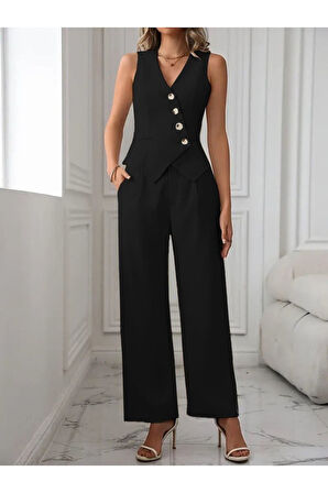 Kadın Sıfır Kollu çapraz V Yakalı önden Düğmeli Atlas Yelek Ve Pantolon Ikili Takım