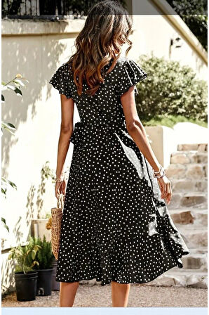 Kadın Kısa Kollu Kruvaze Yaka Yandan Bağlamalı Puantiyeli örme Krep Elbise