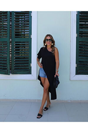 Kadın Tek Omuzu Açık Askılı Asimetrik Kesim Detaylı Bluz