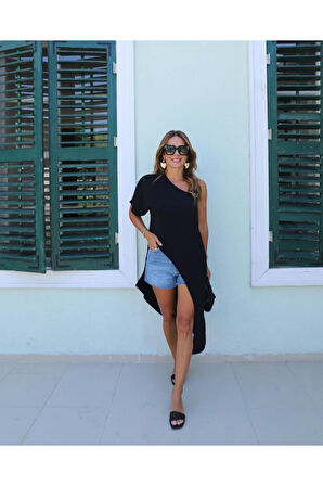 Kadın Tek Omuzu Açık Askılı Asimetrik Kesim Detaylı Bluz