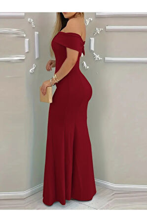 Kadın Kısa Kollu Madonna Yaka Belden Oturtmalı Uzun Ithal Krep Elbise