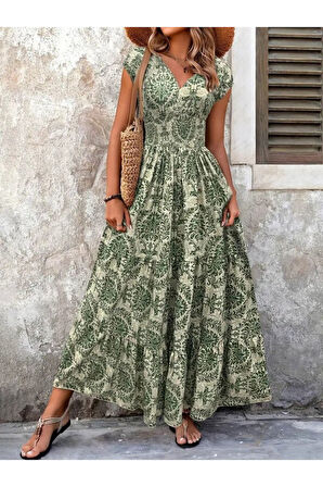 Kadın Kısa Kollu Kruvaze Yaka Beli Lastikli Süprem