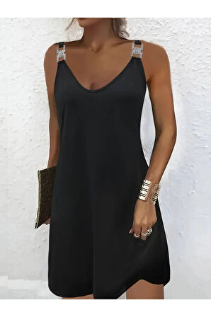 Kadın Askılı V Yakalı Toka Detaylı Janjan Krep Elbise