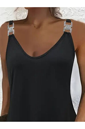 Kadın Askılı V Yakalı Toka Detaylı Janjan Krep Elbise