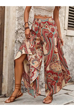 Kadın Yüksek Bel Beli Lastikli Desenli Geniş Paçalı Süprem Pantolon