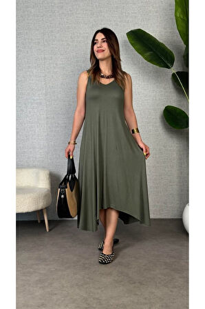Kadın çan Dokuma Kumaş V Yaka Asimetrik Kesim Elbise