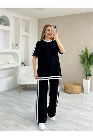 Kadın Kısa Kollu Bisiklet Yaka çift Renk şerit Detaylı Viskon Iki Iplik Bluz Ve Pantolon Ikili Takı