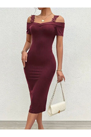 Kadın Omuzlardan Açık Dantel Askılı Fitilli Kaşkorse Midi Elbise