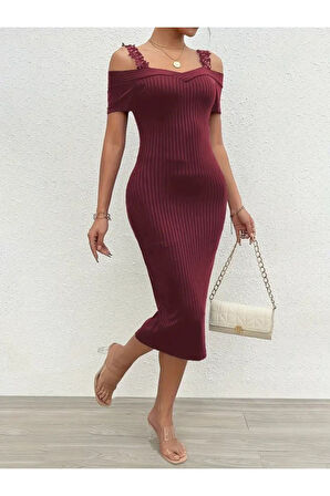 Kadın Omuzlardan Açık Dantel Askılı Fitilli Kaşkorse Midi Elbise