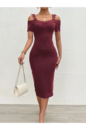 Kadın Omuzlardan Açık Dantel Askılı Fitilli Kaşkorse Midi Elbise