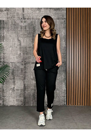 Kadın Askılı Yuvarlak Yaka Viskon Iki Iplik Bluz Ve Eşofman Altı Ikili Takım