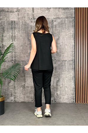 Kadın Askılı Yuvarlak Yaka Viskon Iki Iplik Bluz Ve Eşofman Altı Ikili Takım