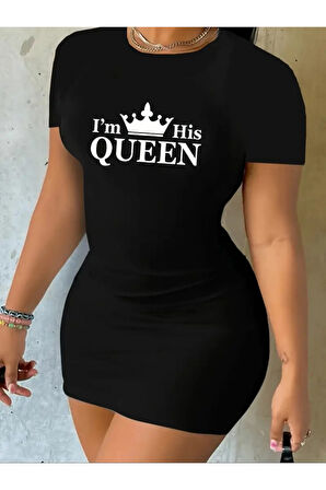 Kadın Kısa Kollu Queen Baskı Iki Iplik Mini Elbise