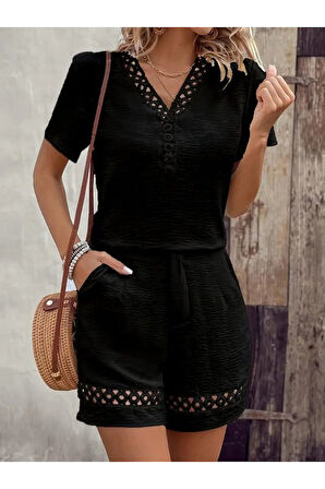 Kadın Kısa Kollu V Yakalı Dantel Detaylı Bürümcük Bluz Ve Short Ikili Takım