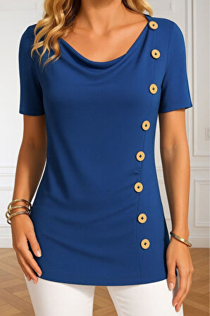 Kadın Kısa Kollu Yuvarlak Yaka Yandan Düğmeli Viskon Bluz