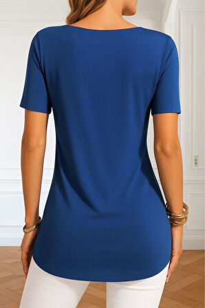 Kadın Kısa Kollu Yuvarlak Yaka Yandan Düğmeli Viskon Bluz