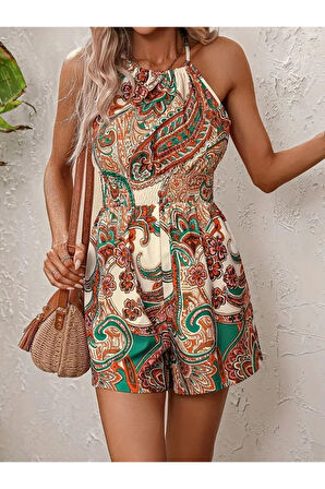 Kadın Omuzlardan Açık Boyun Arkasından Bağlamalı Beli Lastikli Desenli Süprem Kısa Tulum