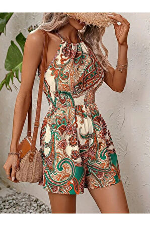 Kadın Omuzlardan Açık Boyun Arkasından Bağlamalı Beli Lastikli Desenli Süprem Kısa Tulum