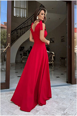 Kadın Askılı Omuzdan Bağlamalı Kruvaze Yakalı Uzun Yırtmaçlı Janjan Krep Elbise