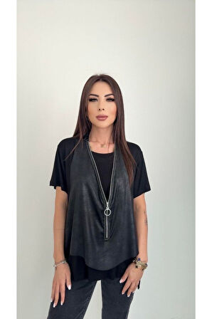 Kadın Kısa Kollu Yuvarlak Yaka Viskon Bluz + Kolsuz Fermuarlı çatlak Deri Yelek