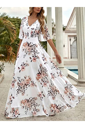Kadın Kısa Kollu V Yakalı çiçek Desenli Süprem Elbise