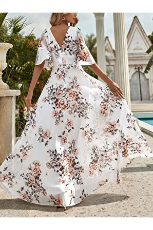 Kadın Kısa Kollu V Yakalı çiçek Desenli Süprem Elbise