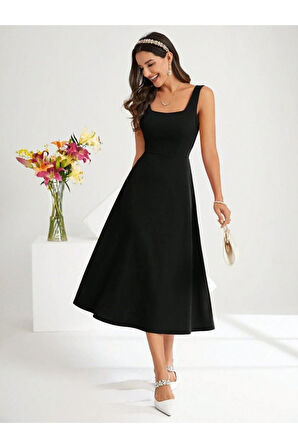 Kadın Askılı Kare Yakalı Midi Ithal Krep Elbise