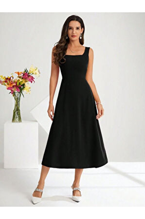 Kadın Askılı Kare Yakalı Midi Ithal Krep Elbise