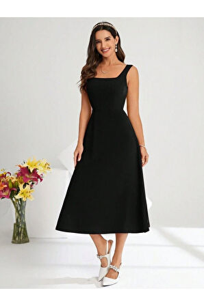 Kadın Askılı Kare Yakalı Midi Ithal Krep Elbise